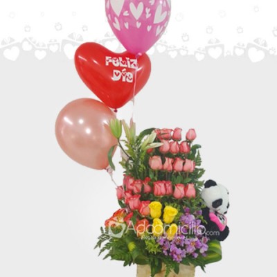 Arreglo Floral Con Peluche Y Globos Feliz día Mamá A Domicilio En Cali 